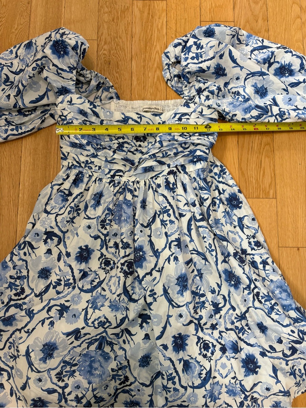 Abercrombie & Fitch Blue Floral Ruched Puff Sleeve Emerson Mini Dress Cotton S - Picture 7 of 9